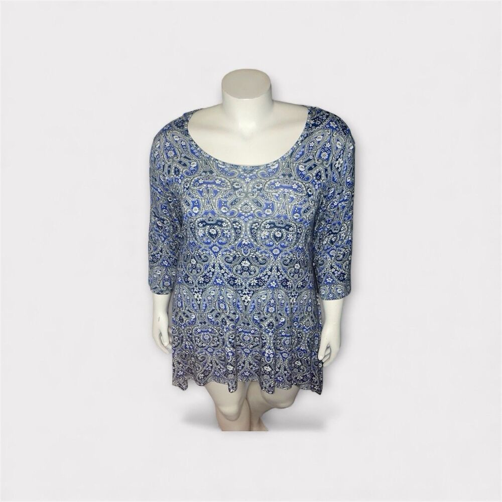 Rose & Olive Womens  Size 1X Blue Tunic Geometric Floral SharkBite Hem Artsy‎